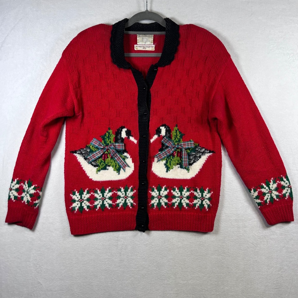 Vintage Marisa Christina 1992 Christmas Goose Cardigan Sweater Red Womens Medium